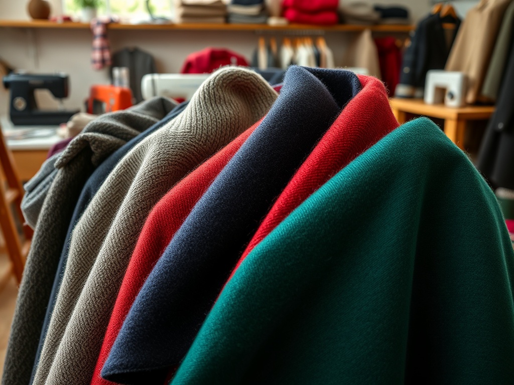 Câteva haine colorate, inclusiv roșu, verde, albastru și gri, atârnate într-un atelier de croitorie.