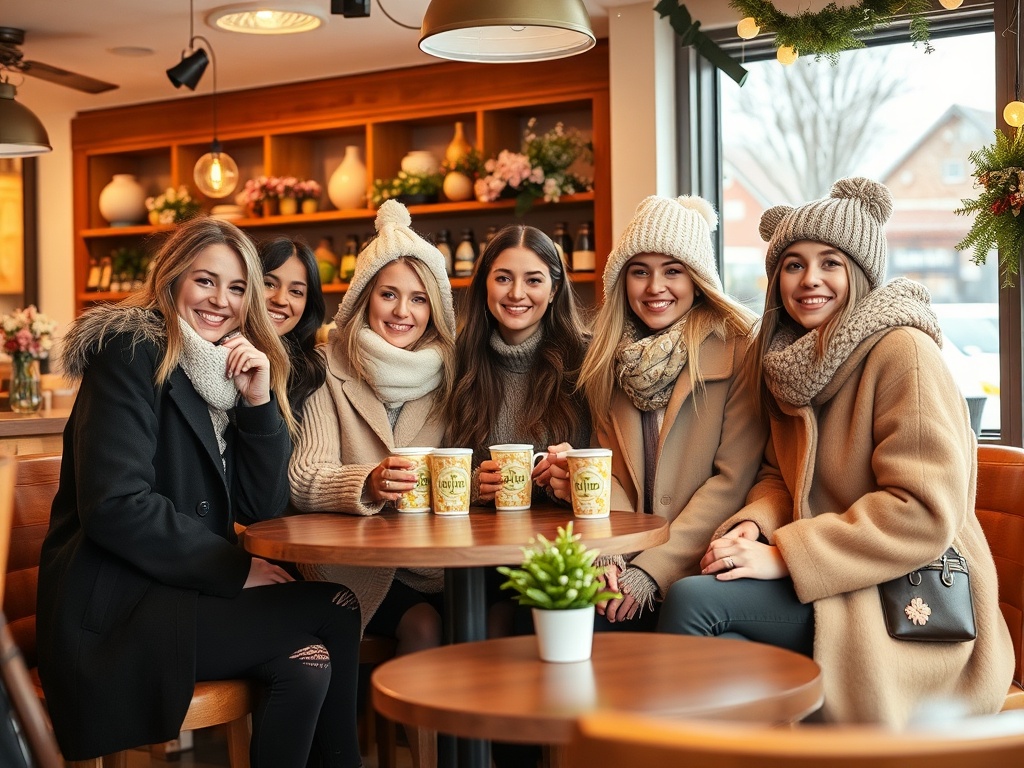 Un grup de șase fete zâmbind și bucurându-se de băuturi calde într-un cafea confortabil. Atmosferă prietenoasă.