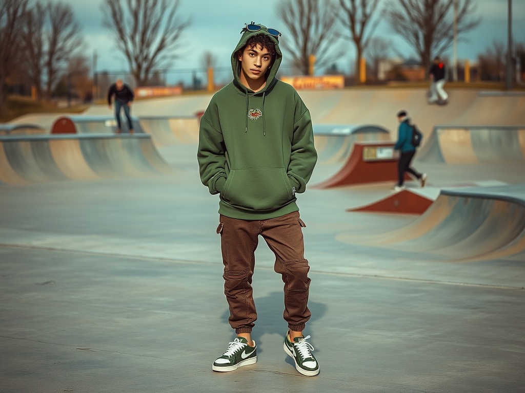 Un tânăr îmbrăcat într-un hanorac verde și pantaloni maronii, stând la un skatepark. Activitate în fundal.