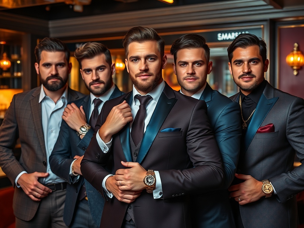 Cinci bărbați îmbrăcați elegant, zâmbind și pozând împreună într-un interior sofisticat.