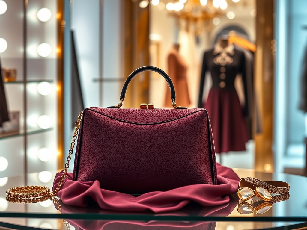 O poșetă elegantă burgundă pe un suport, lângă o eșarfă roz și o pereche de ochelari de soare.