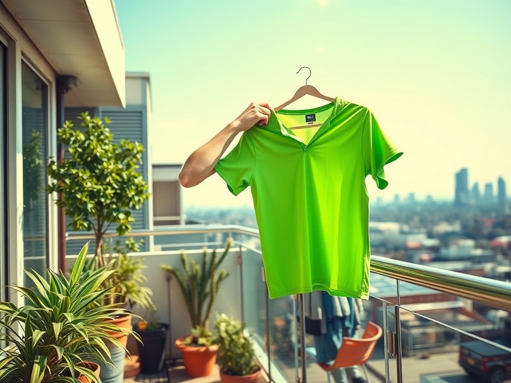 Un tricou verde strălucitor este ținut în mână pe un balcon, cu o priveliște urbană în fundal.