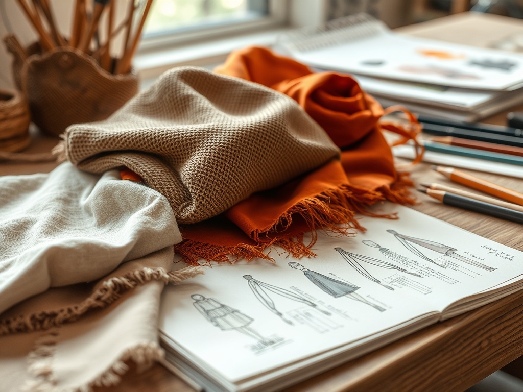 Materiale textile și schițe de modă așezate pe un birou, cu creioane și instrumente de desen în fundal.