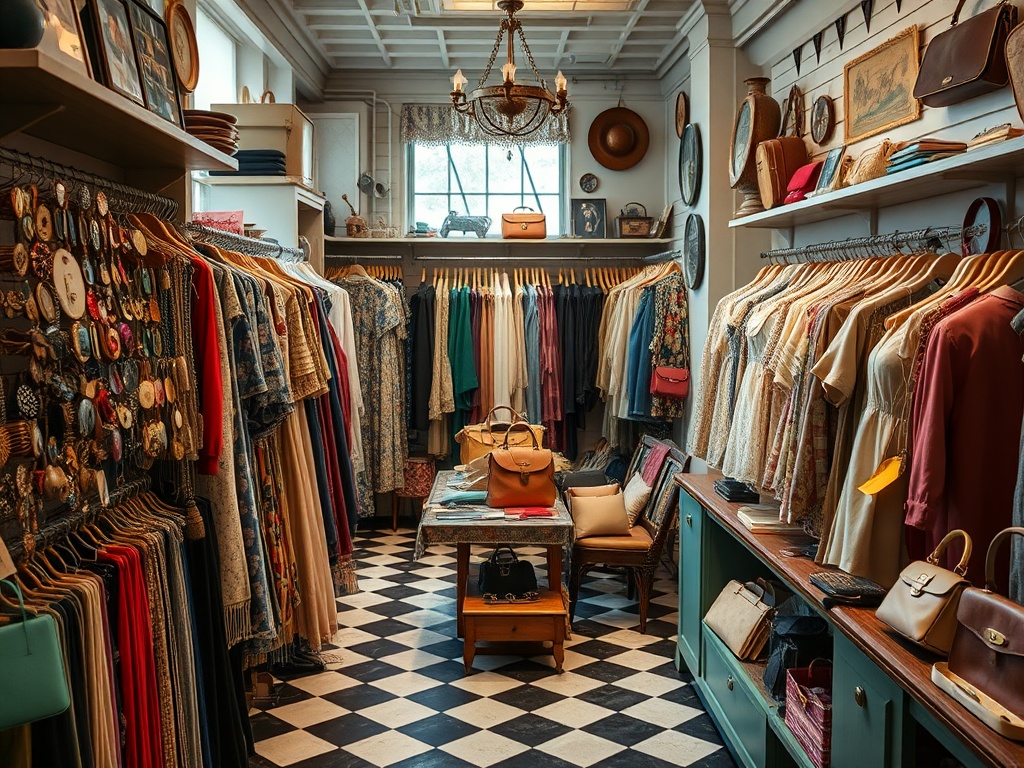 Imagină cu un magazin vintage plin de haine colorate și accesorii, cu o atmosferă caldă și primitoare.