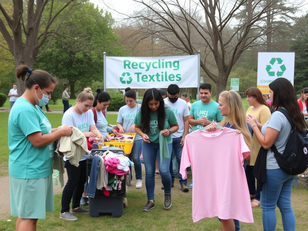 Un grup de oameni participă la un eveniment de reciclare a textilelor, sortând și discutând haine.
