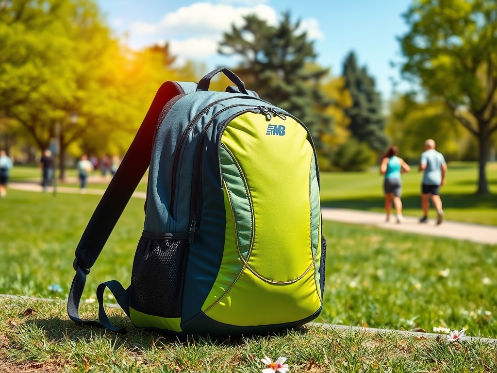 Rucsac verde și albastru așezat pe iarbă, cu oameni care aleargă în fundal, într-un parc.