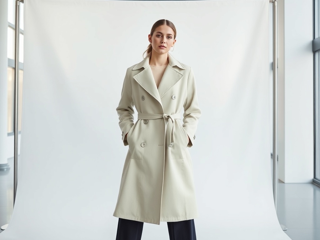 O tânără elegantă poartă un trench deschis la culoare, în fața unui fundal alb.