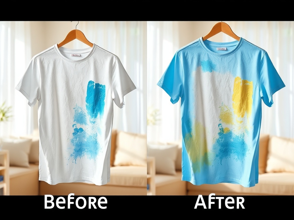 Text alternativ: "Un tricou alb cu pete albastre înainte și un tricou albastru cu motive colorate după."